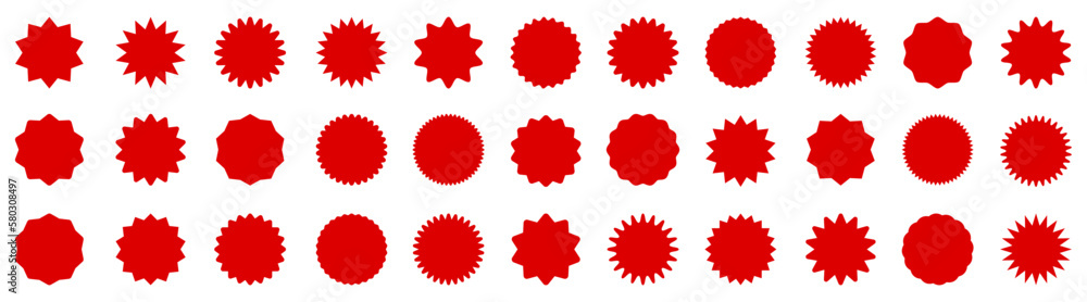 Set of red price sticker, sale or discount sticker, sunburst badges icon. Stars shape with different number of rays. Special offer price tag. Red starburst promotional badge shopping labels -vector Set of red price sticker, sale or discount sticker, sunburst badges icon. Stars shape with different number of rays. Special offer price tag. Red starburst promotional badge shopping labels -vector
