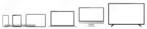 Set of mockup technology devices with empty white display: TV, computer, laptop, tablet and mobile phone. Screen device mockup blank. Realistic media gadgets with white screen - vector