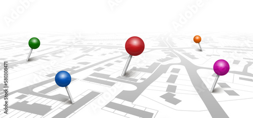 GPS navigator pointers on city map, navigation, logistics, geography, communication, transport, travel theme concept, location marking with a pin on a map – stock vector