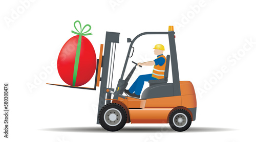 Christ is risen. A forklift driver is carrying an Easter egg tied with a ribbon for the holiday.