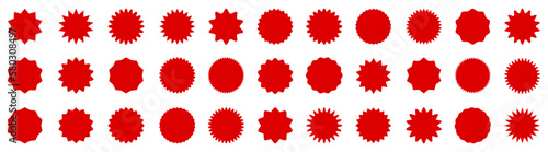 Set of red price sticker, sale or discount sticker, sunburst badges icon. Stars shape with different number of rays. Special offer price tag. Red starburst promotional badge shopping labels -vector