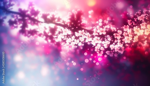 Blooming vibrant cherry flowers on a blurred background. Created with generative AI.