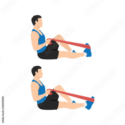 Man doing resistance band plantar flexion or ankle pumps. Flat vector illustration isolated on white background