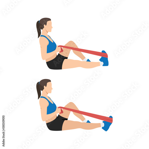 Woman doing resistance band plantar flexion or ankle pumps. Flat vector illustration isolated on white background