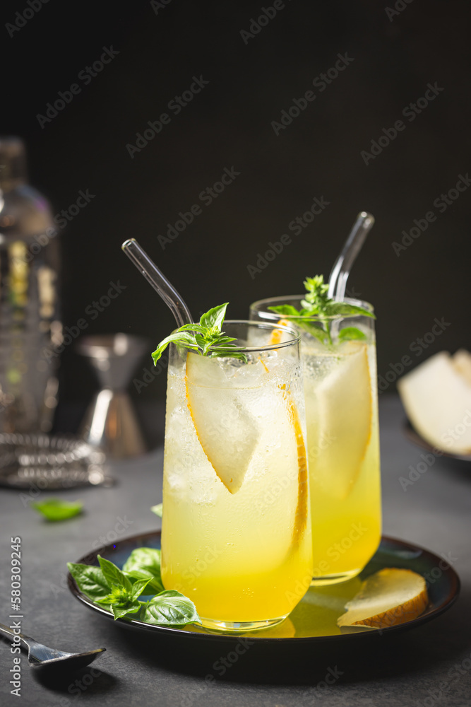 Melon juice, lemonade in glasses