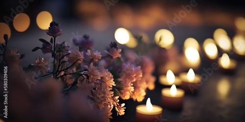 Burning tea lights, candle vigil concept. Generative AI photo