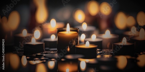 Burning tea lights, candle vigil concept. Generative AI