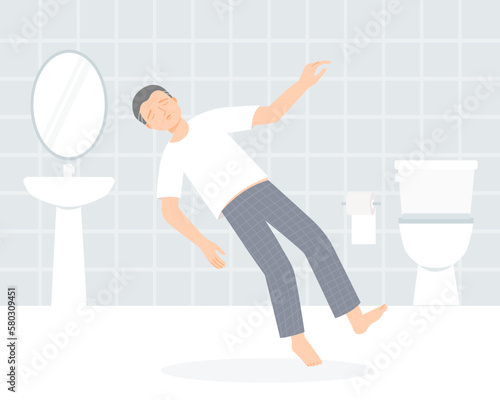 An aelderly adult is falling and bleeding on his head in toilet. flat vector illustration.	