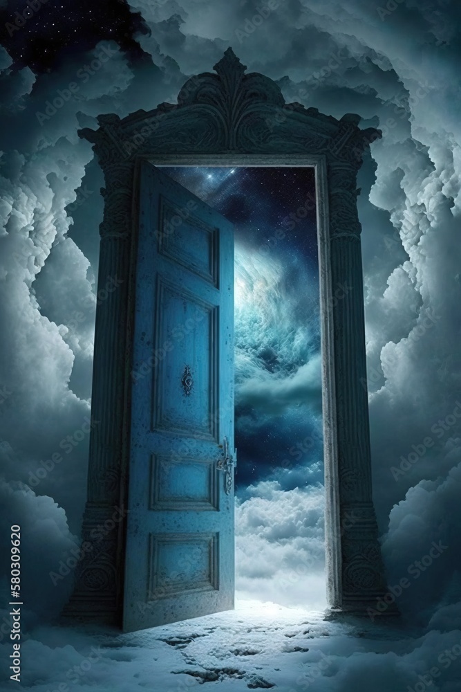 Mysterious door to heavens.Judgment day paradise concept with a portal to eternal life generative ai.