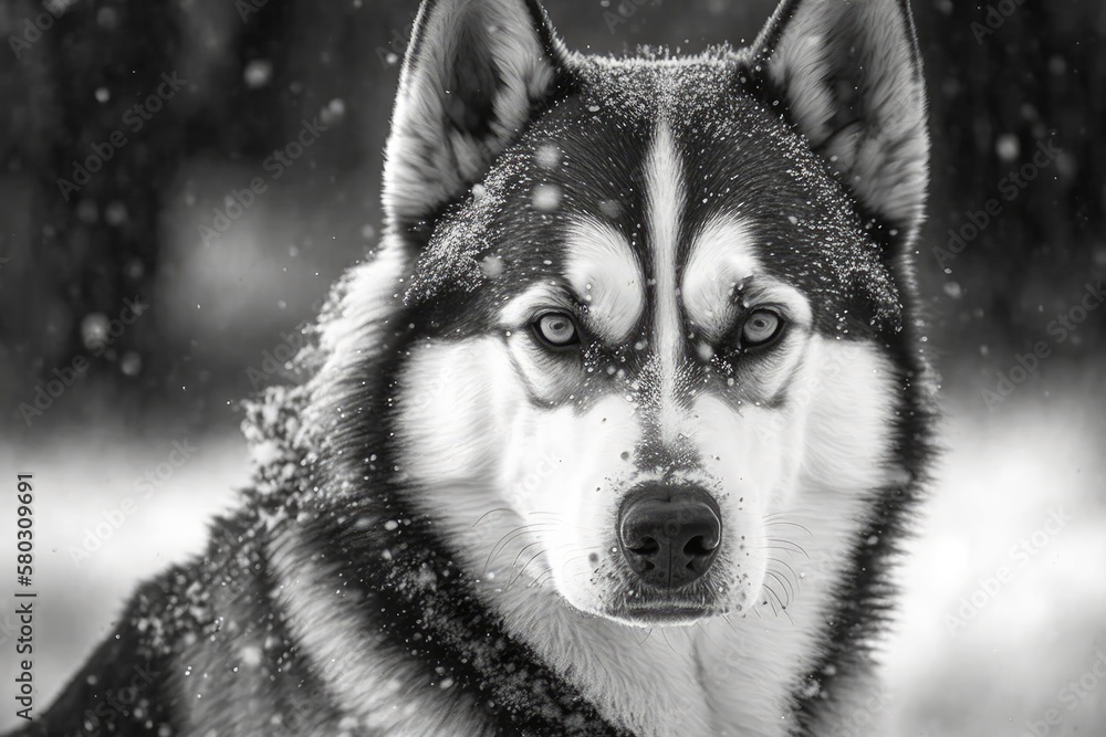 A husky in black and white. A Siberian husky's face buried in the snow. Front and center. Generative AI