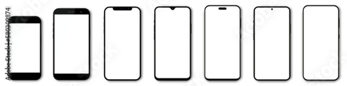 Set high quality realistic trendy different black models smartphone with white empty touch screen and shadow front view. Detailed mockup smartphone, model 3D mobile phone, ui, ux, front view - vector