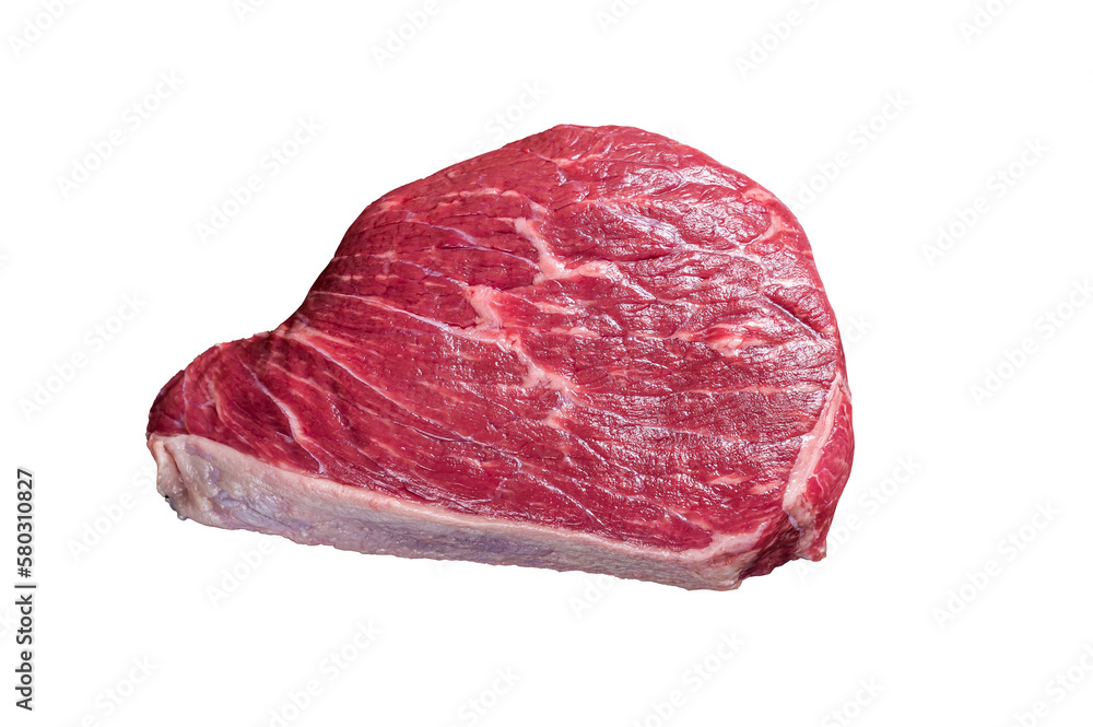 Raw rump beef cut or top sirloin meat steak on butcher table. Isolated, transparent background