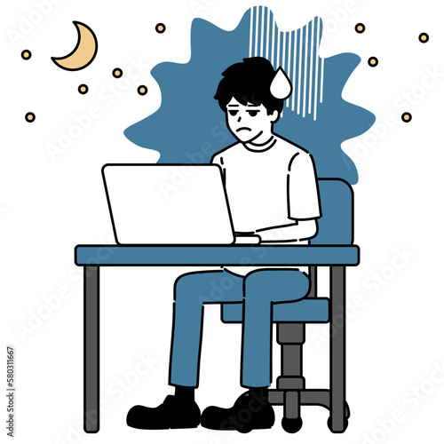 A Man Working  With PC At Late Night And He Is Tired