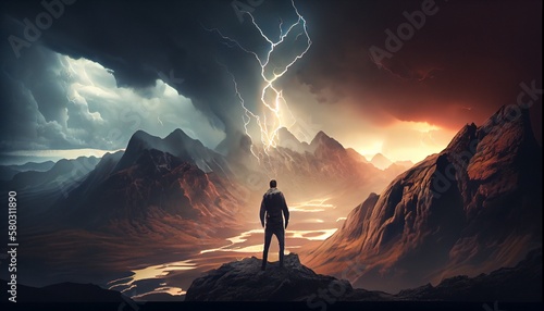 Man looking at storm in mountains, generative ai