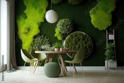 Painted Stabilized Moss Picture in Modern Interior, Green Moss Wall, Abstract Generative AI Illustration photo