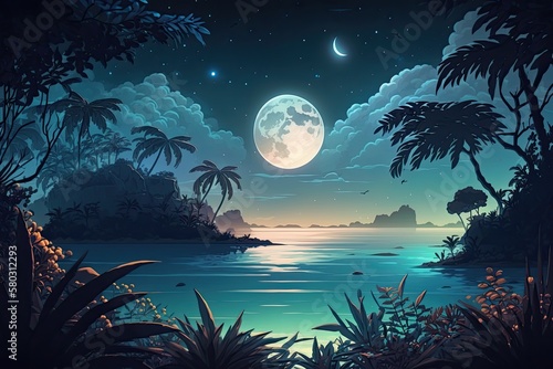 A full moon and starry sky illuminate a nighttime ocean panorama, with the water's surface reflecting the stars and jungle trees draped in lianas. Sunset over the tropics, clouds in the sky, cartoon