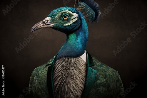 Portrait of a peacock dressed in a formal business suit, generative ai
