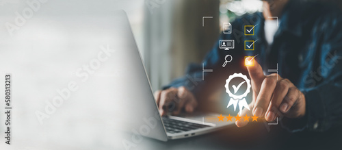 businessman working with computers  service Quality assurance, Guarantee, Standards, ISO .