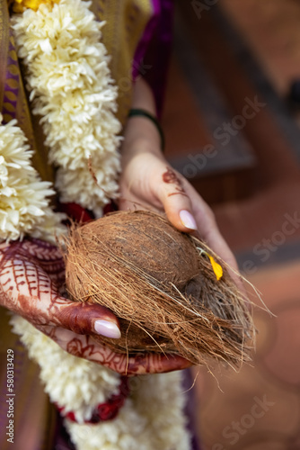 The Indian bride's hands hold a holy coconut, symbolizing purity, prosperity, and divine blessings. Adorned with jewels and henna designs, they reflect the beauty of Indian culture. The coconut repres