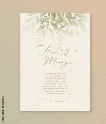 Fotografie, Obraz In loving Memory card with green watercolor botanical leaves
