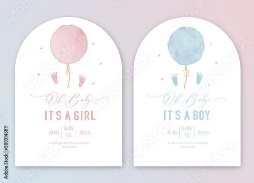 Cute baby shower watercolor invitation card for baby and kids new born celebration. Its a girl, Its a boy card with pink and blue balloon.