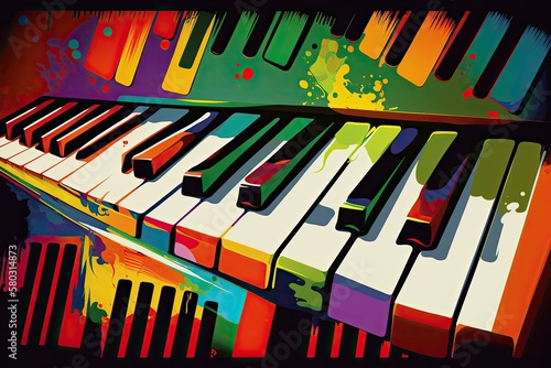 Abstract piano keys in vibrant colors over a multicolored background. Generative AI
