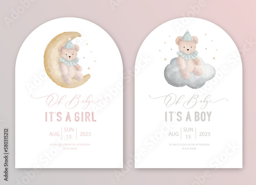 Cute baby shower watercolor invitation card for baby and kids new born celebration. Its a girl, Its a boy card with plush toy on the moon and cloud.