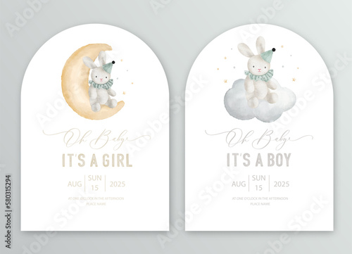 Cute baby shower watercolor invitation card for baby and kids new born celebration. Its a girl, Its a boy card with plush toy on the moon and cloud.