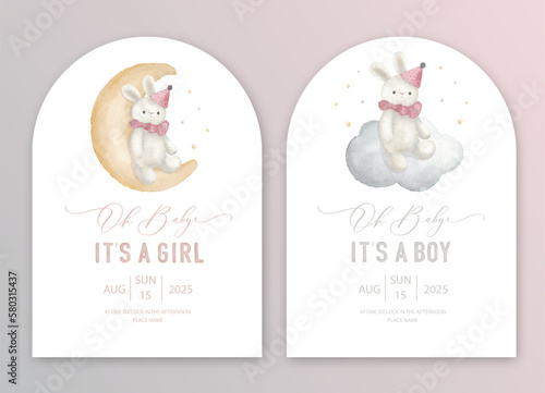Cute baby shower watercolor invitation card for baby and kids new born celebration. Its a girl, Its a boy card with plush toy on the moon and cloud.