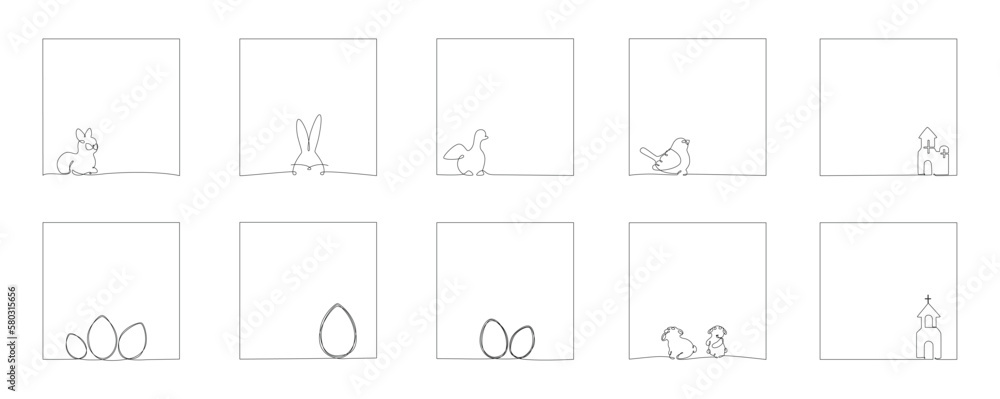 Easter continuous one line hand drawing frames pack. Vector illustration isolated on white background for post in social media, invitation, greeting card. Bunny, bird, sheep, church. Editable stroke