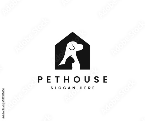 Dog cat pet house home logo design. Pet house vector icon negative space template