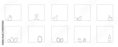 Easter continuous one line hand drawing frames pack. Vector illustration isolated on white background for post in social media, invitation, greeting card. Bunny, bird, sheep, church. Editable stroke