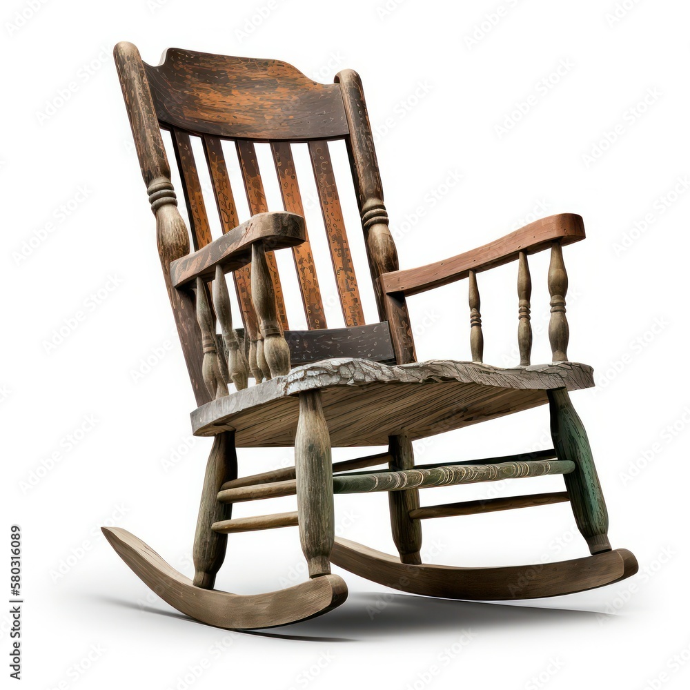 Antique, old wooden rocking chair with a weathered and worn appearance ...