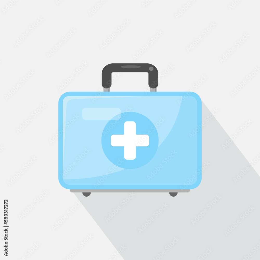 Medical case, blue first aid kit isolated on white background. Health, help and medical diagnostics concept. Flat vector illustration. Medical case, blue first aid kit isolated on white background. Health, help and medical diagnostics concept. Flat vector illustration.