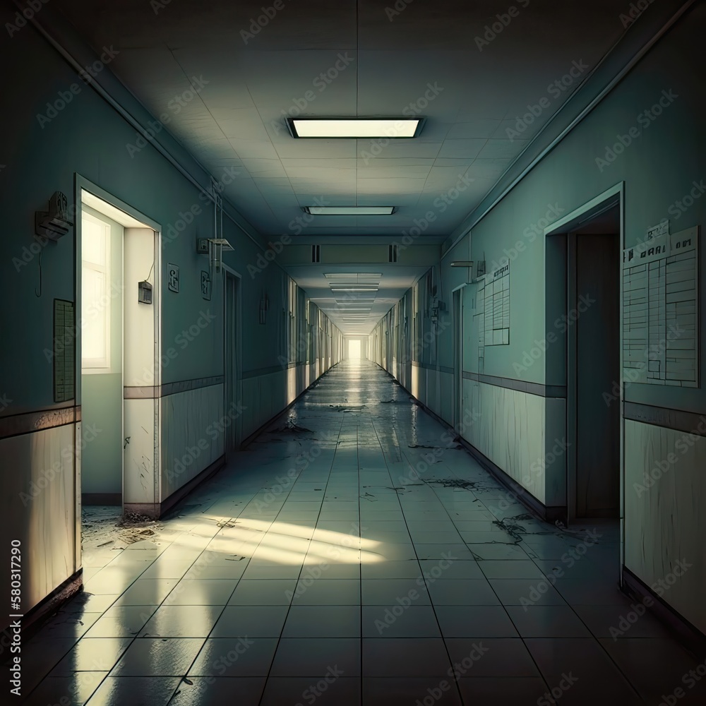 The hospital hallway is bathed in an eerie blue light, casting everything in an otherworldly glow. The air is cold and damp, and you can see your breath in front. AI
