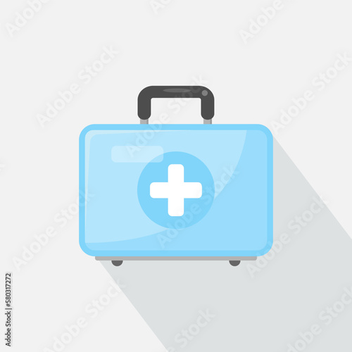 Medical case, blue first aid kit isolated on white background. Health, help and medical diagnostics concept. Flat vector illustration.