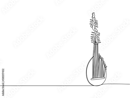 Torban one line art. Continuous line drawing of music, instrument, folk, musical, ukrainian, culture, acoustic, ethnic, lute, kobza, traditional, mandolin, string