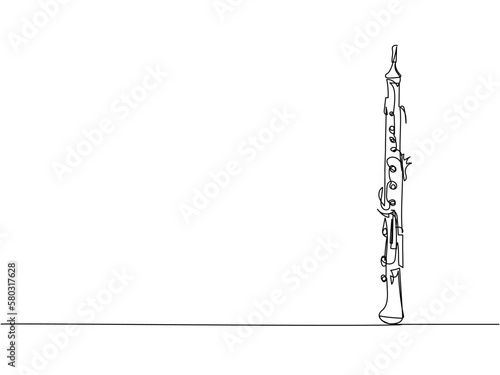 Clarinet one line art. Continuous line drawing of wind, symphony, retro, clarinet, bass, oboe, sax, music, flute, jazz, orchestra, horn.