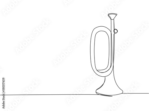 Natural trumpet one line art. Continuous line drawing of musical, classical, trumpet, classic, audio, melody, acoustic, music, instrument, jazz, horn, orchestra.