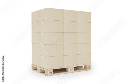 Cardboard boxes on wooden pallets for transport and logistic, packaging, isolated on a white background with isometric view. 3D illustration (render)
