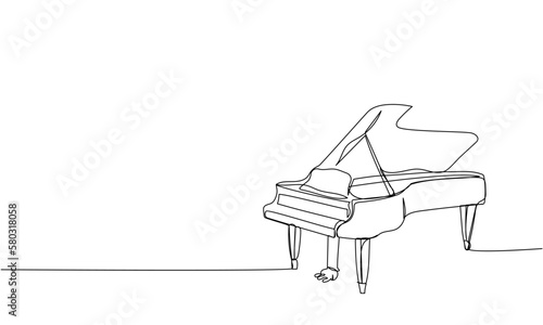 Grand piano one line art. Continuous line drawing of classical, musician, acoustic, piano, chord, antique, music, keyboard, concert, jazz, instrument, vintage, classic.