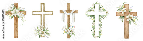 A set of Christian crosses made of green leaves and white lily flowers. Watercolor illustration for Easter, Epiphany, Christening, invitations, postcards, packaging.