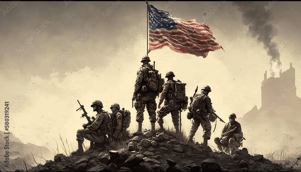 4th of july illustration of USA army holding their flag, Generative ai