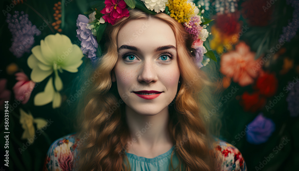 smiling cheerful woman surrounded by flowers in spring smiling cheerful woman surrounded by flowers in spring