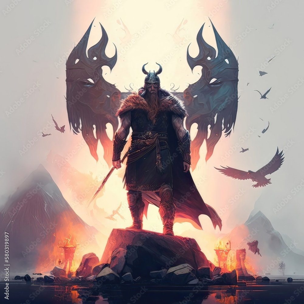 Viking warrior in Valhalla, the mythical afterlife for warriors in Norse mythology. The warrior stands tall with a look of determination on his face, his battle-worn armor and weapons at his side. AI Viking warrior in Valhalla, the mythical afterlife for warriors in Norse mythology. The warrior stands tall with a look of determination on his face, his battle-worn armor and weapons at his side. AI