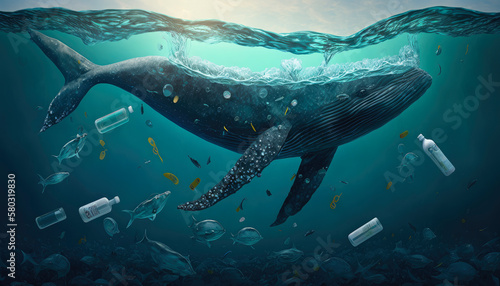 Illustration of a whale swimming in a sea of garbage and pollution created with Generative AI technology