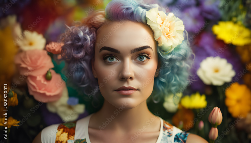 smiling cheerful woman surrounded by flowers in spring smiling cheerful woman surrounded by flowers in spring