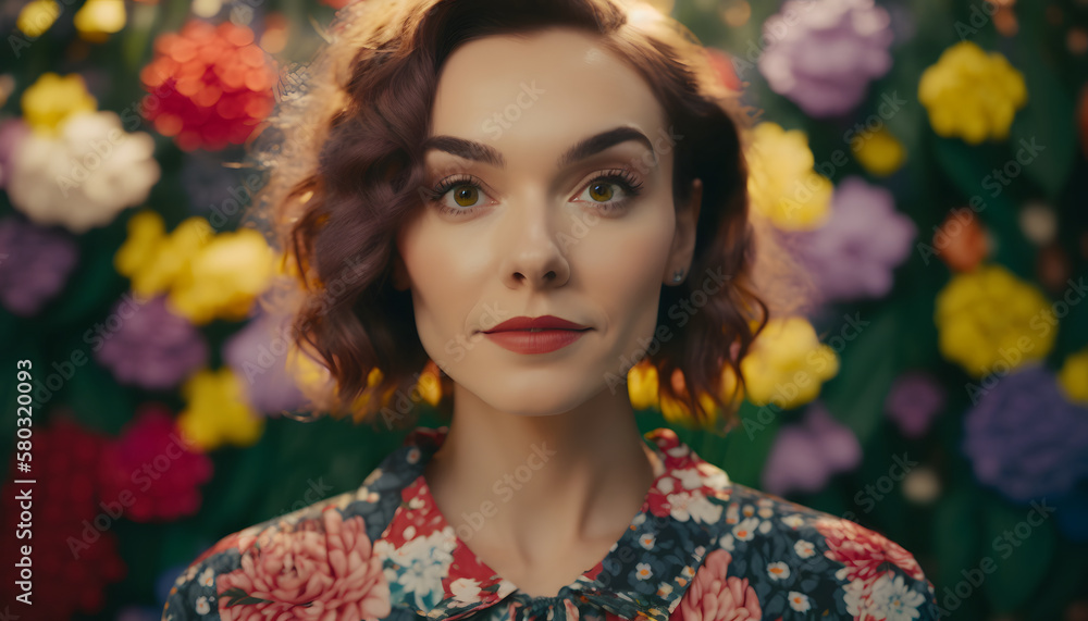 smiling cheerful woman surrounded by flowers in spring smiling cheerful woman surrounded by flowers in spring
