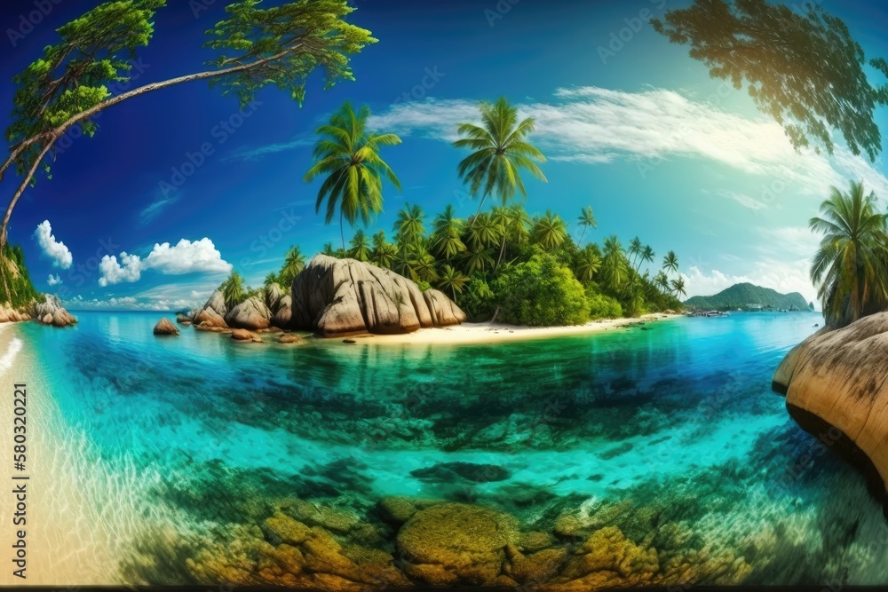 A tropical island with palm trees and a beautiful, lively beach is the ideal vacation spot. Generative AI