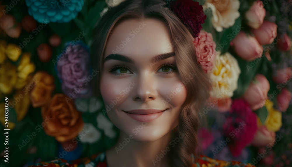 smiling cheerful woman surrounded by flowers in spring smiling cheerful woman surrounded by flowers in spring